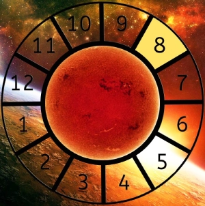 The Sun shown within a Astrological House wheel highlighting the 8th House